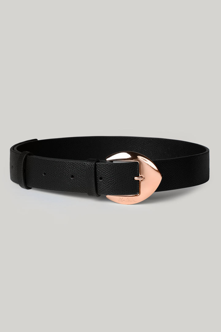 Saffiano Black Leather Waist Belt With Rose Gold Buckle
