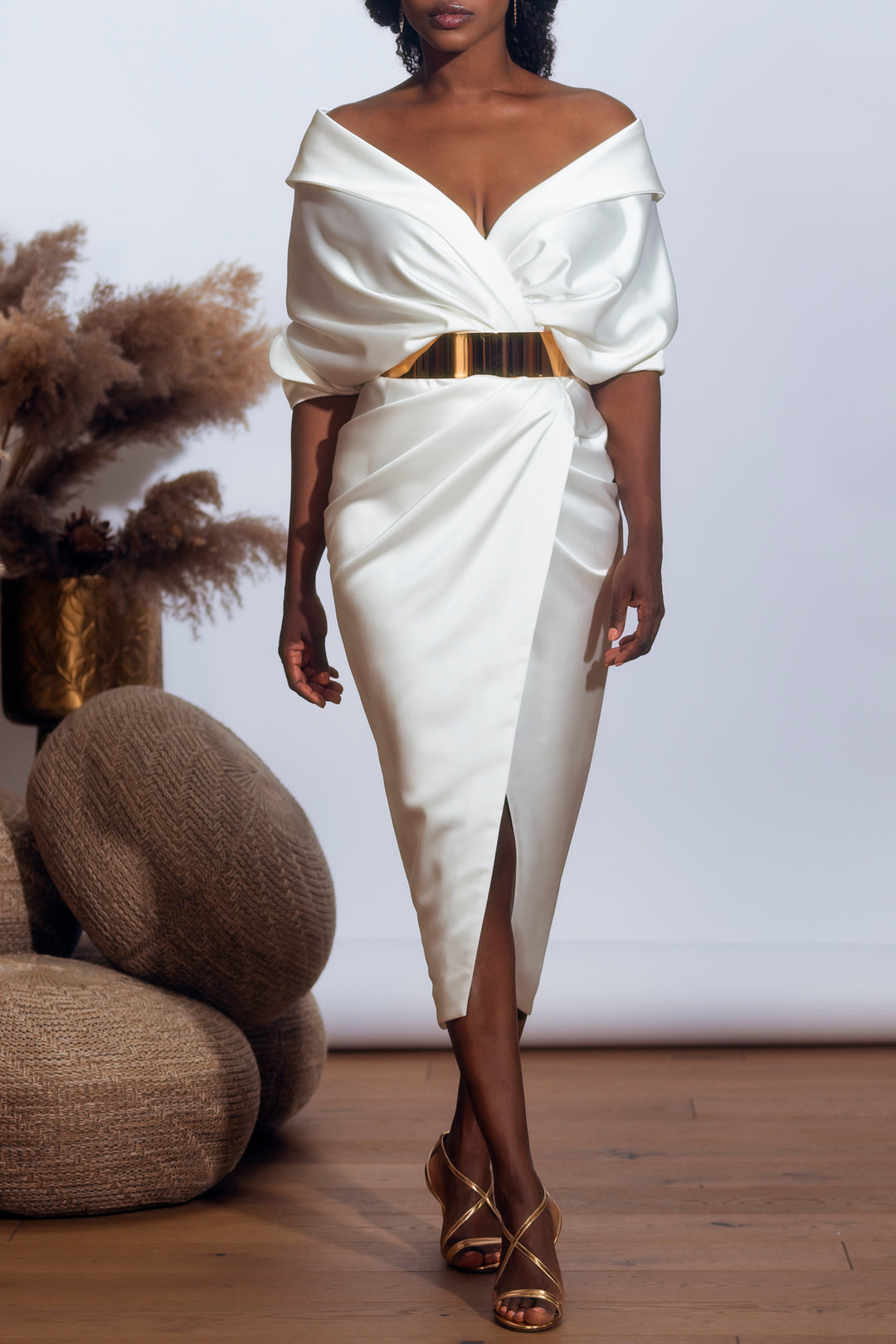Angelina Midi Ivory Satin Dress