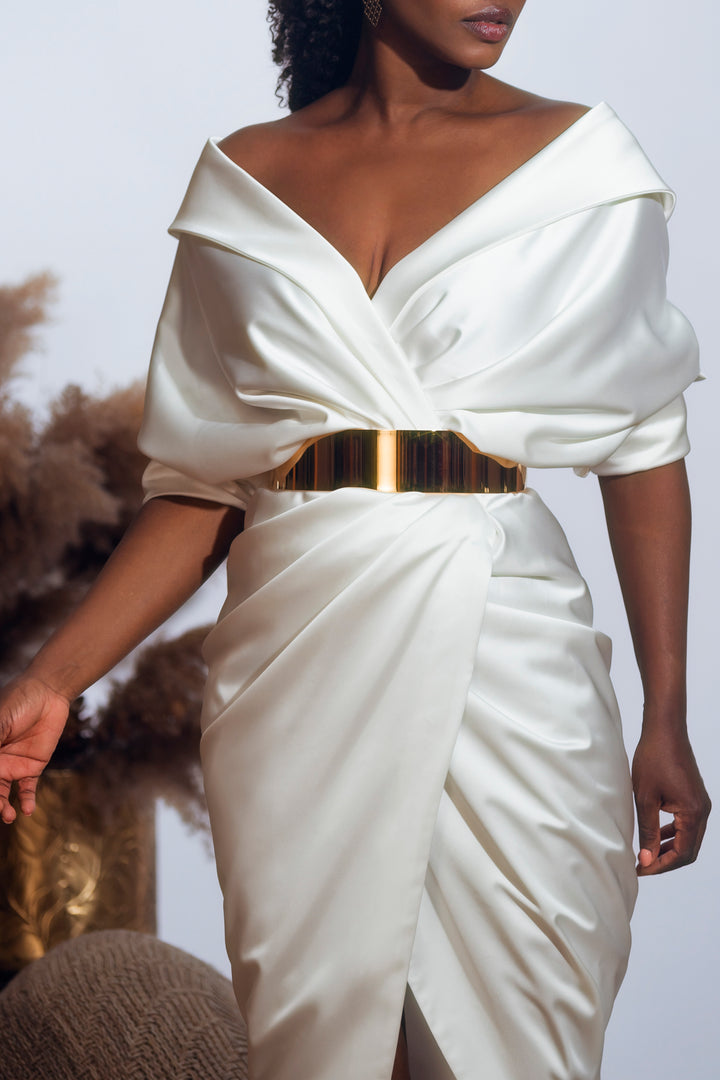 Angelina Midi Ivory Satin Dress
