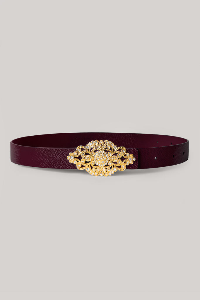 Baroque Burgundy Leather Waist Belt With Gold Buckle – Rhea  display picture 3