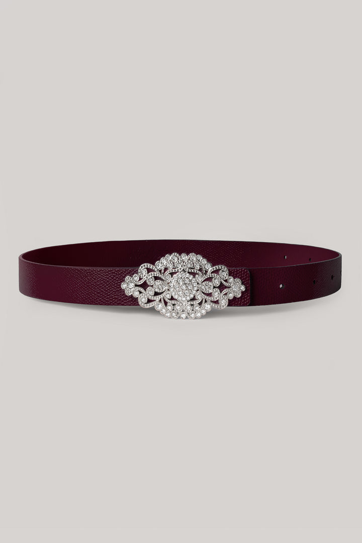 Burgundy Leather Waist Belt With Silver Baroque Buckle