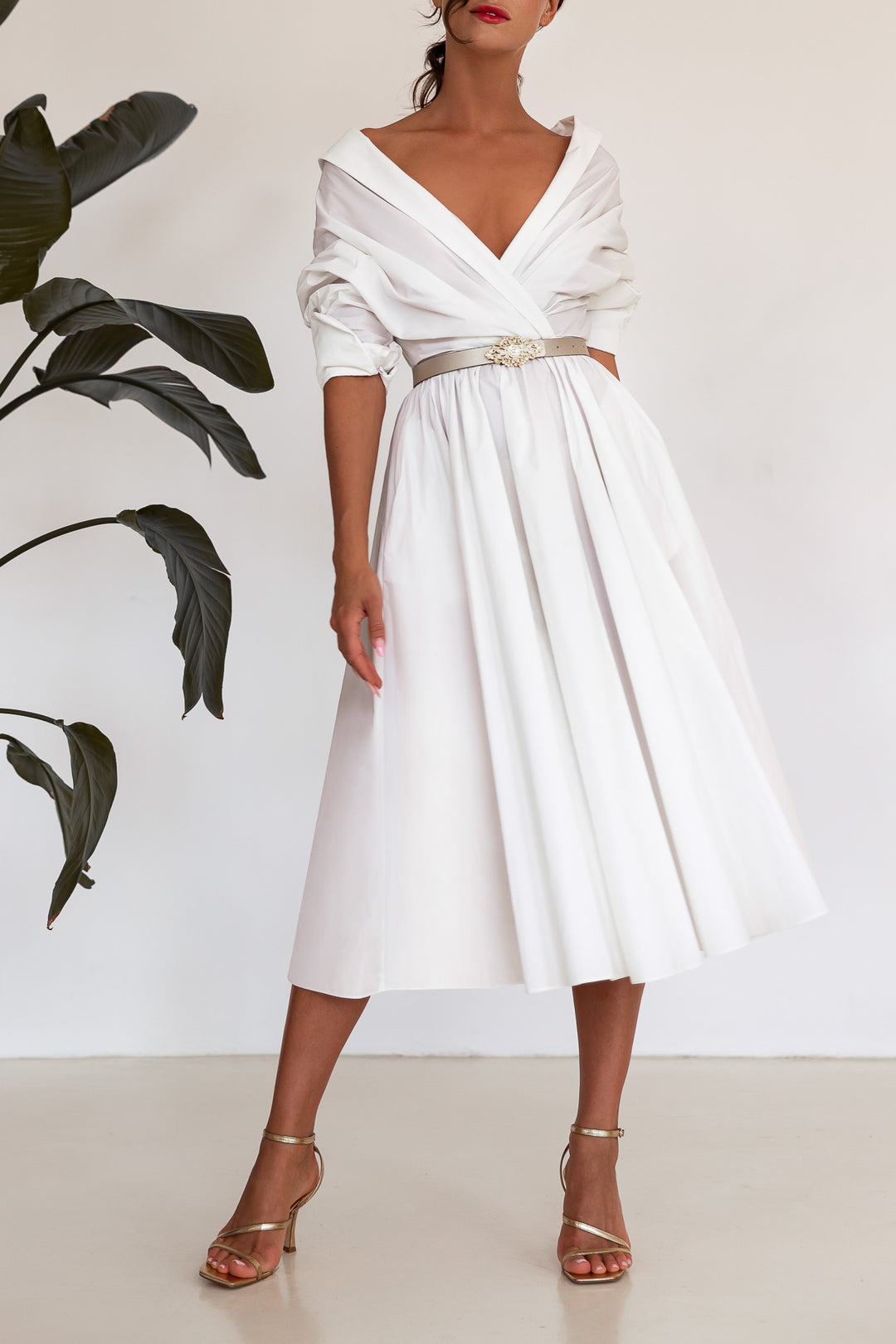 Carrie Taffeta Midi Dress in Ivory Rhea Costa Carrie Taffeta Midi Dress in Ivory Rhea Costa
