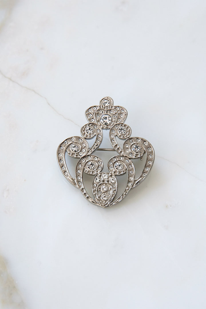 The Crown Brooch - Silver With White Crystals