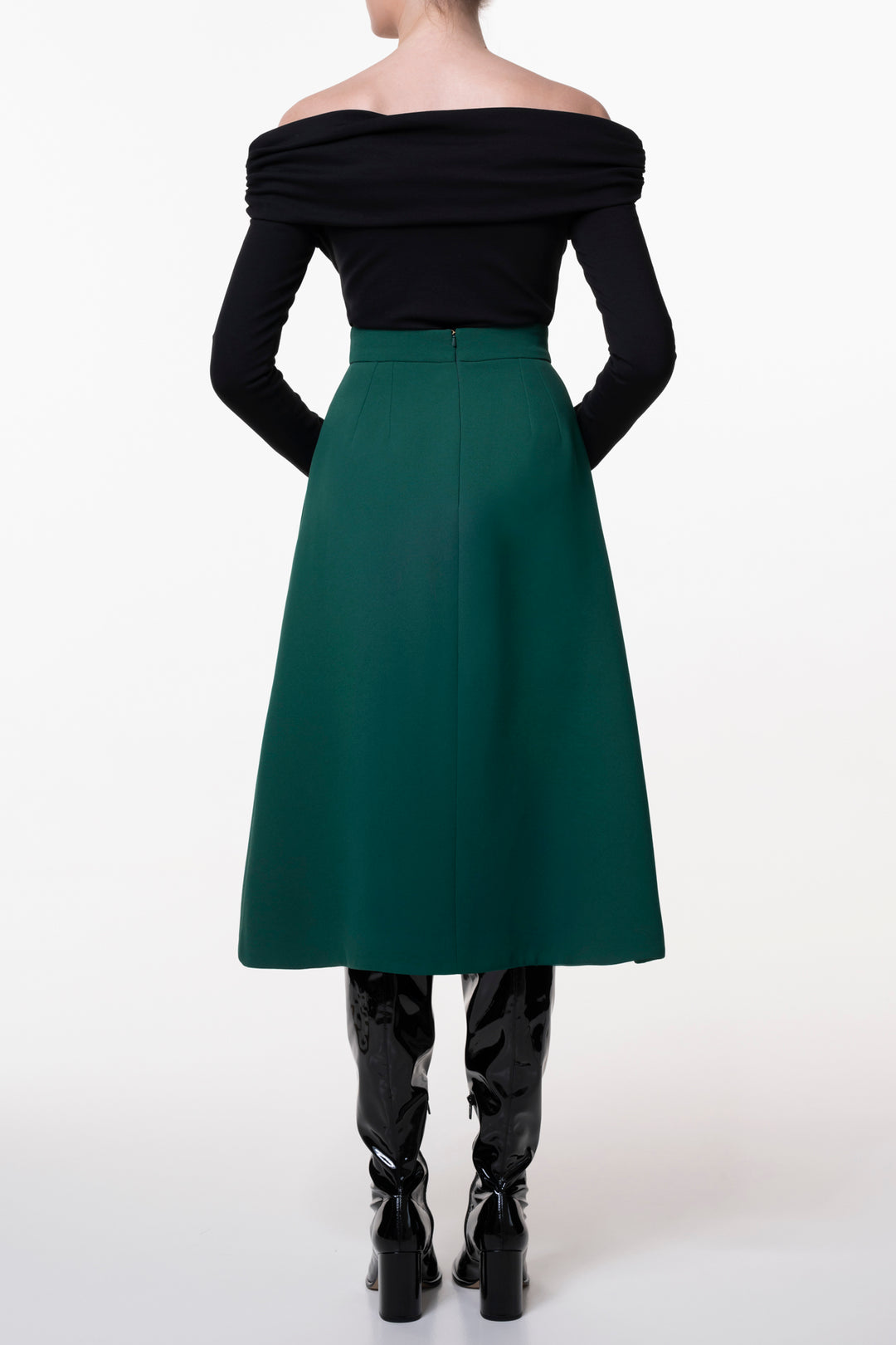 Emerald Crepe Midi Skirt With Golden Front Buttons