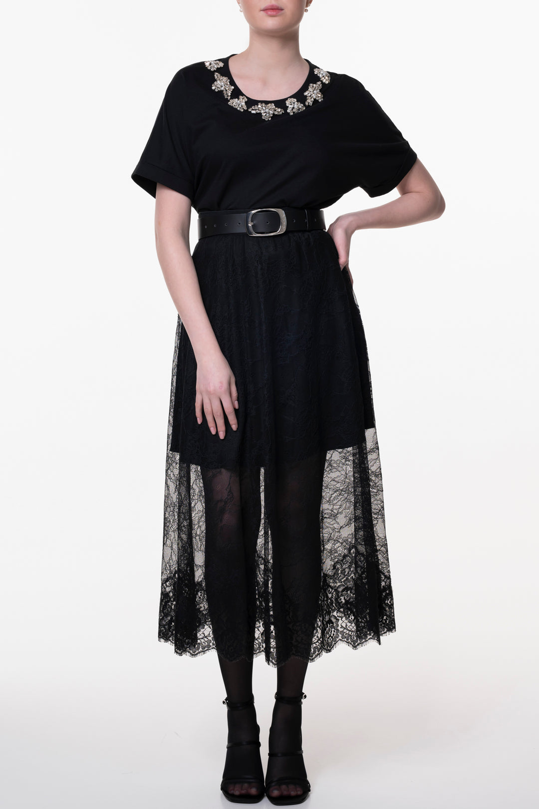 Midi Lace Skirt With Short Underskirt In Black Rhea Costa Midi Lace Skirt With Short Underskirt In Black Rhea Costa