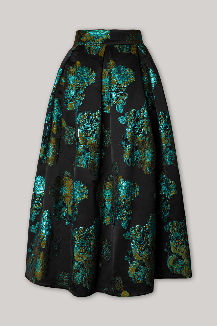Black Turquoise Flower Brocade Skirt