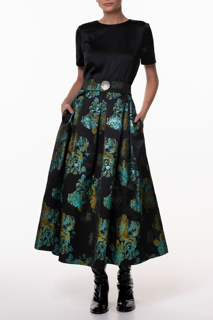 Black Turquoise Flower Brocade Skirt