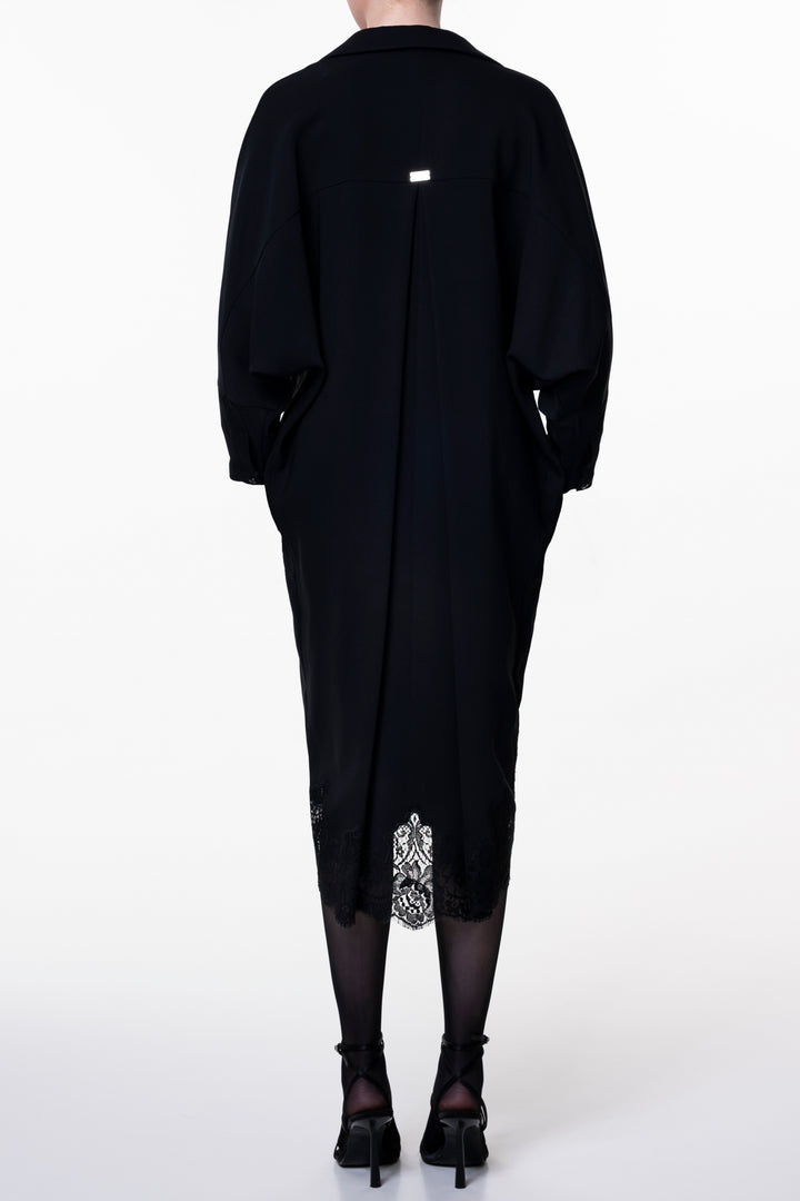 Black Lace Embroidered Shirt Midi Dress