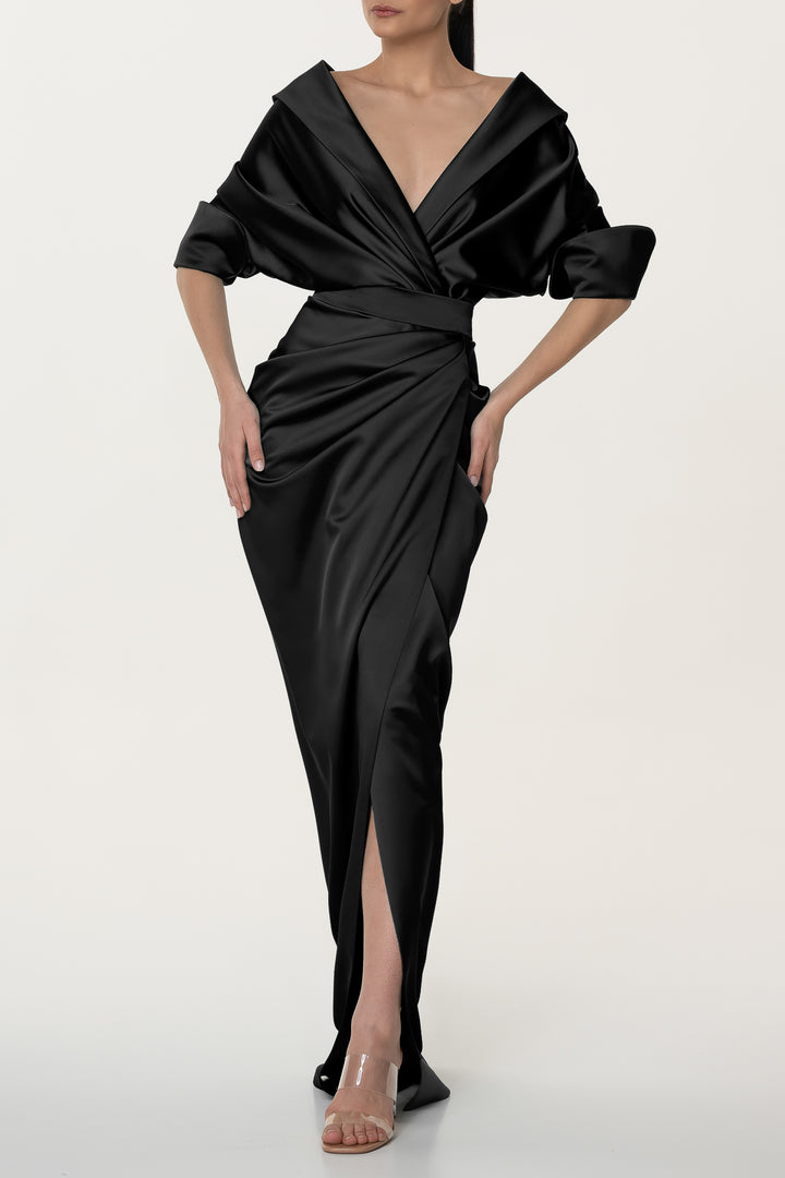 Angelina Black Satin Long Dress