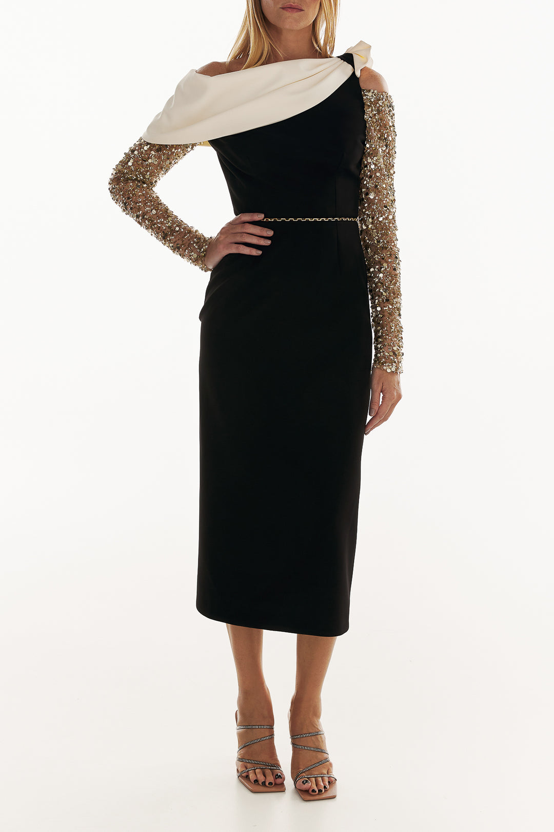 Leonie Black & Gold Crepe Midi Dress