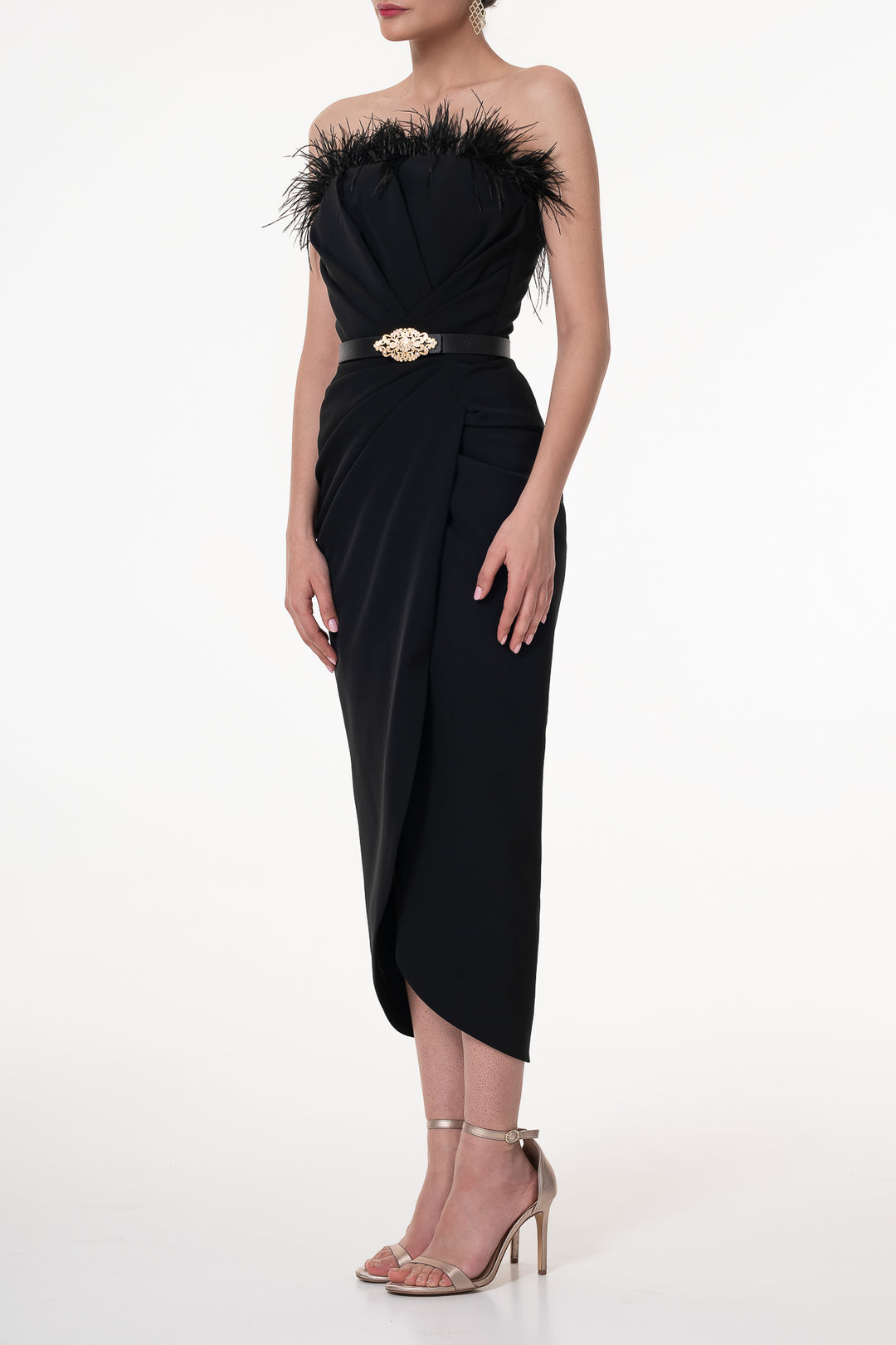 Raisa Black Feather Trimmed Midi Crepe Dress