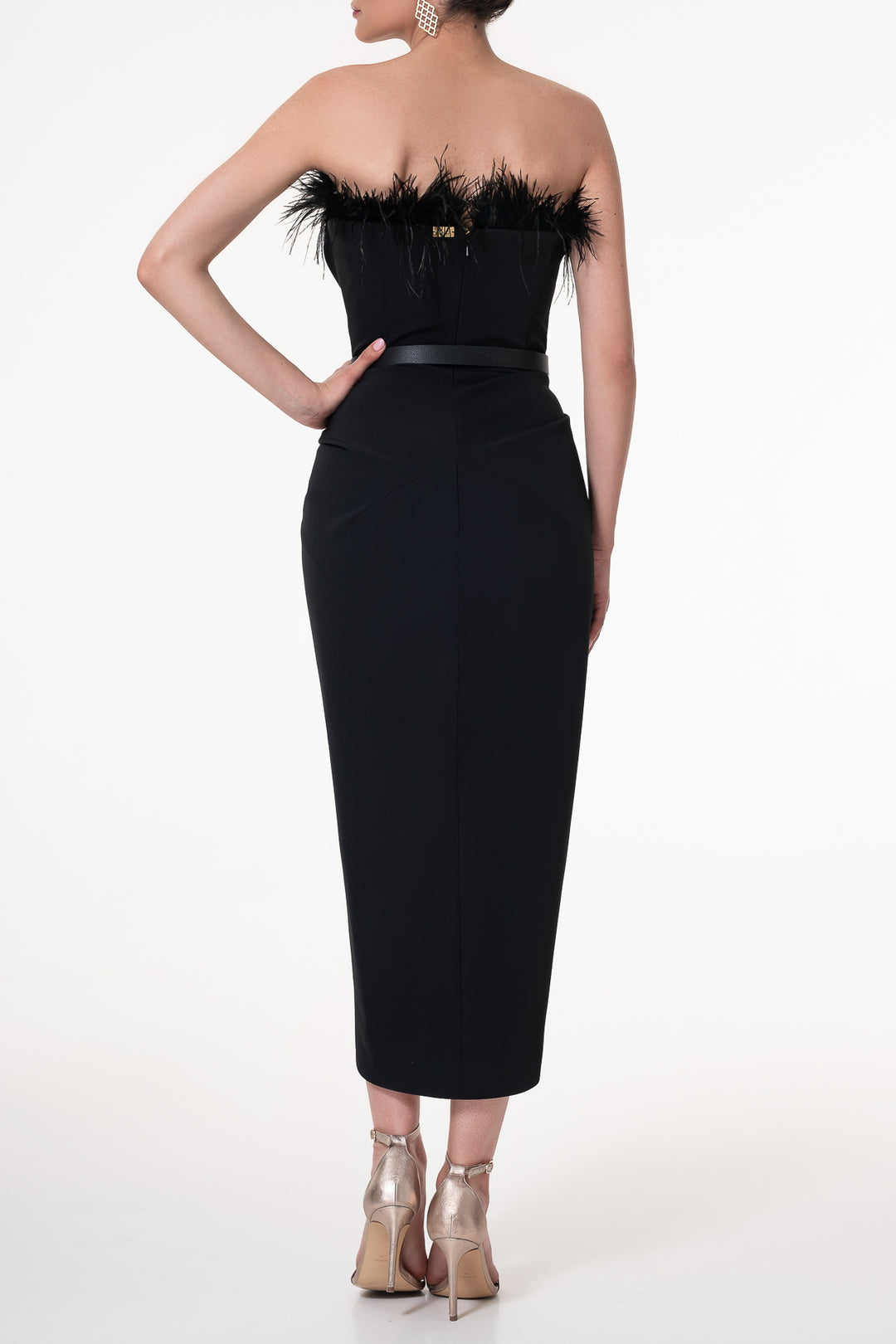 Raisa Black Feather Trimmed Midi Crepe Dress