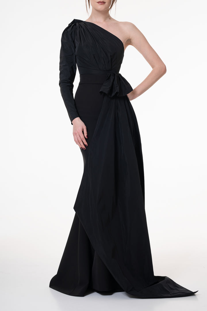 Thalia Taffeta And Crepe Black Long Dress