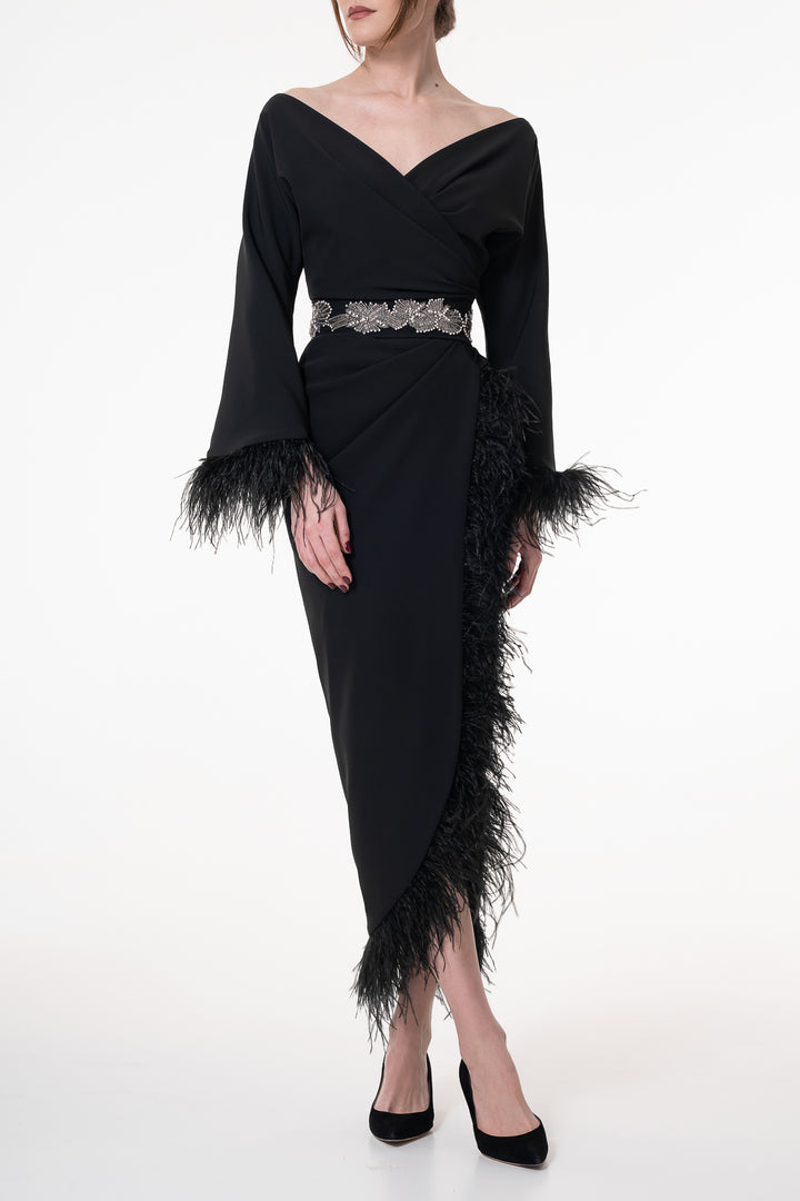 Mona Feathers Trimmed Black Crepe Ankle Length Dress