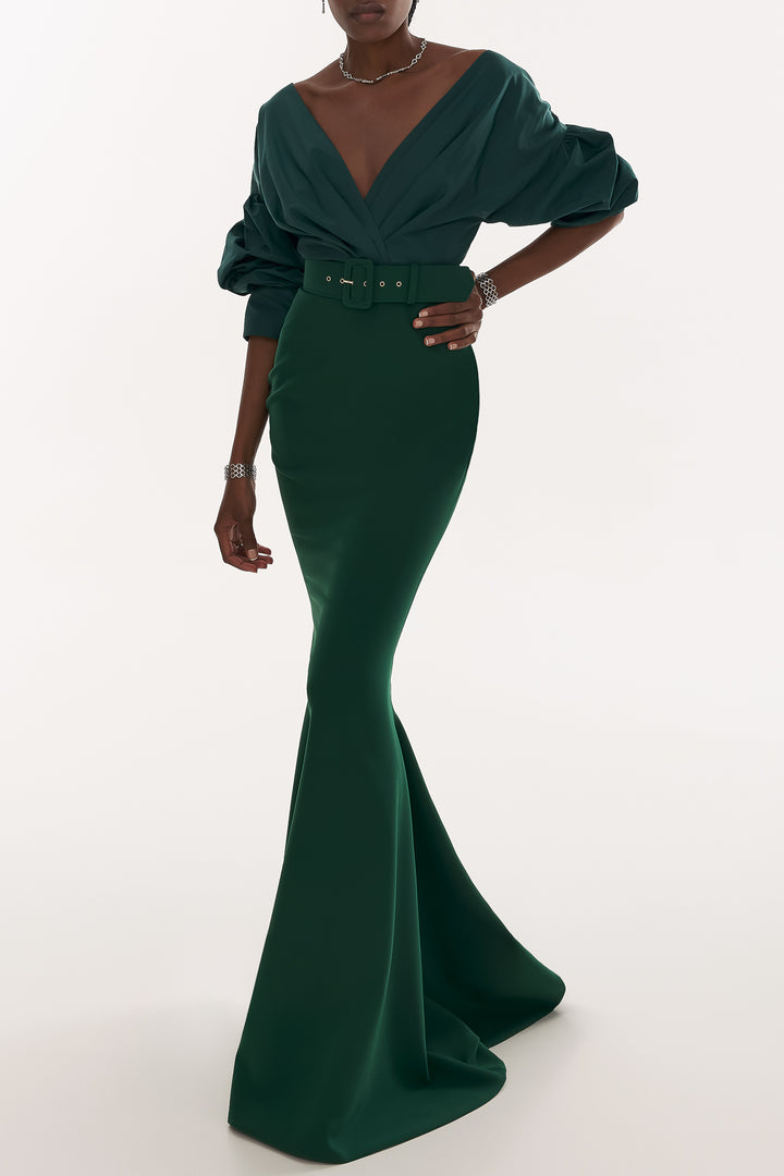 Gianna Dark Green Taffeta And Crepe Long Dress