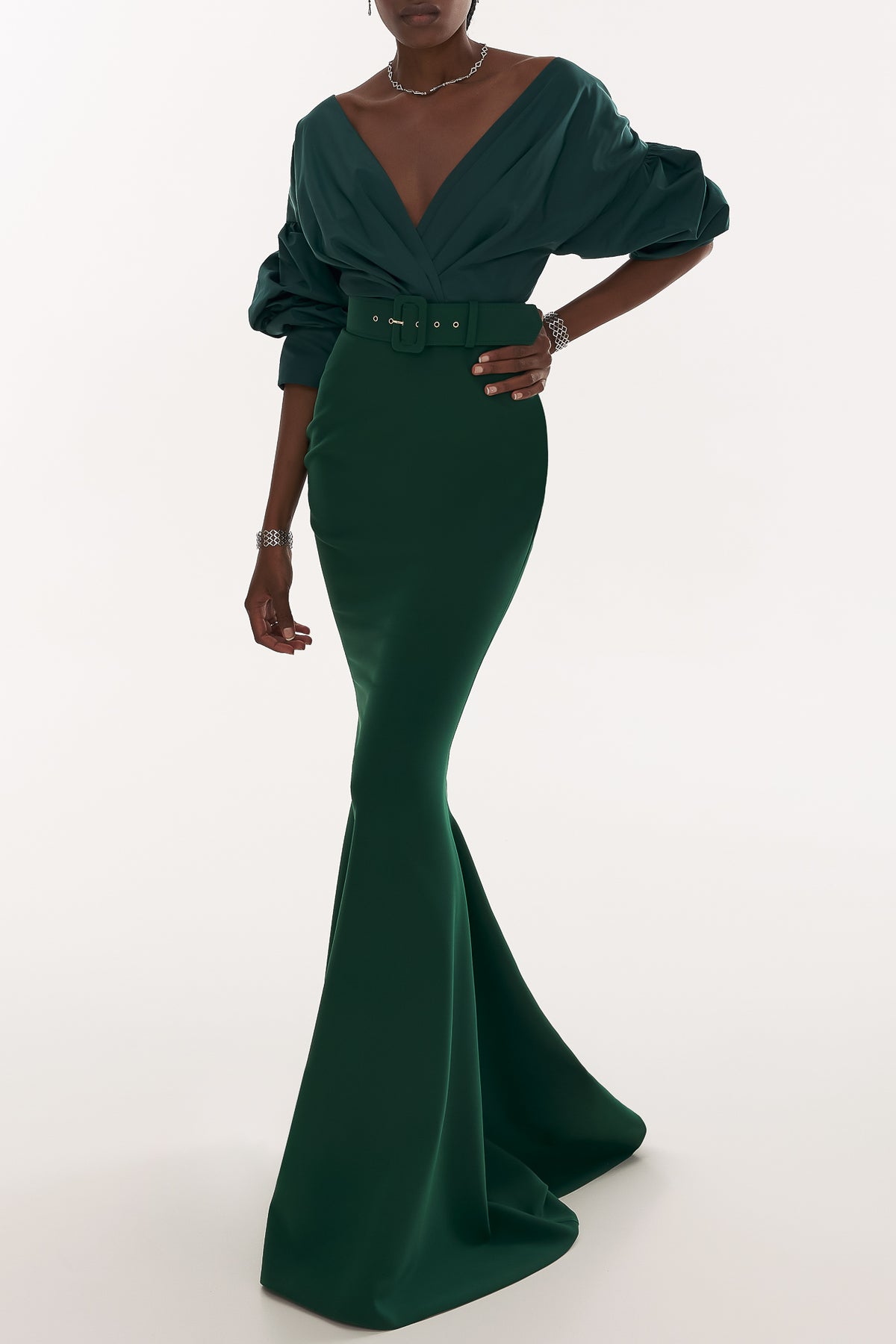 Gianna Taffeta Crepe Long Dress In Dark-Green Rhea Costa Gianna Taffeta Crepe Long Dress In Dark-Green Rhea Costa