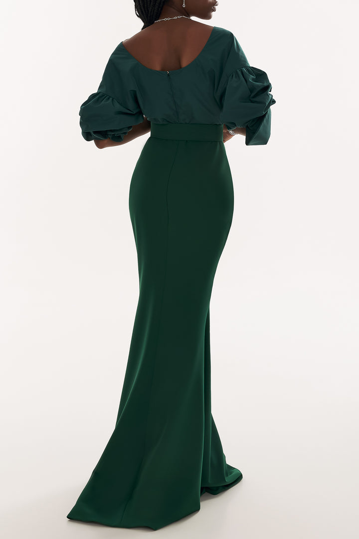 Gianna Dark Green Taffeta And Crepe Long Dress
