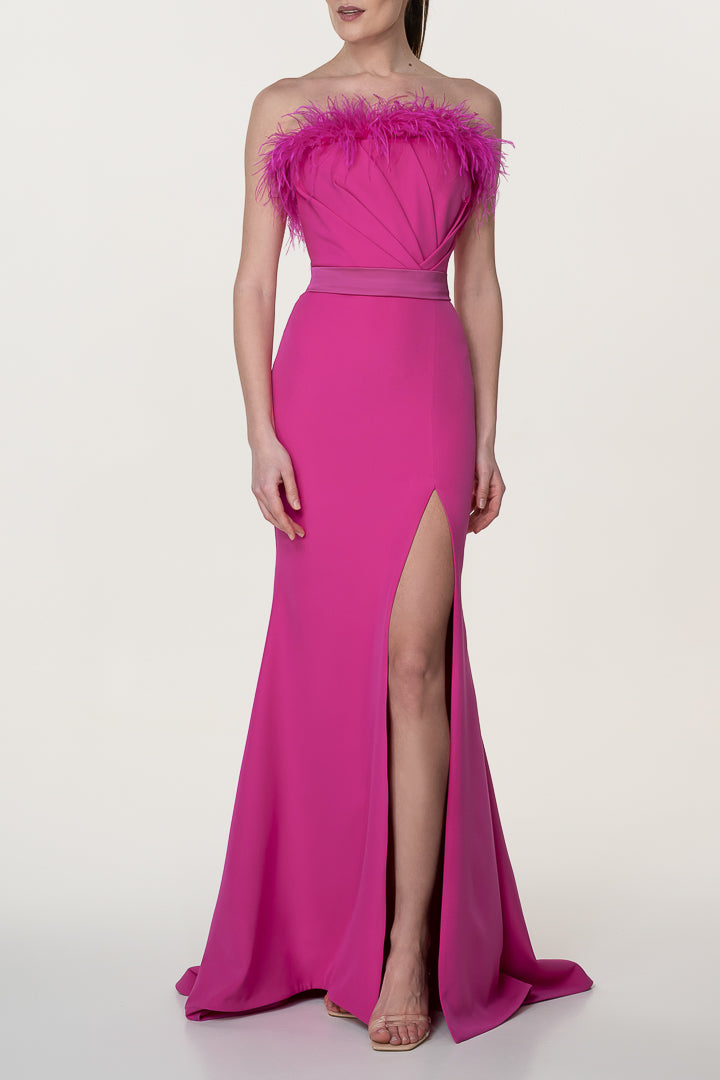 Lucy Hot Pink Feather Trimmed Crepe Dress